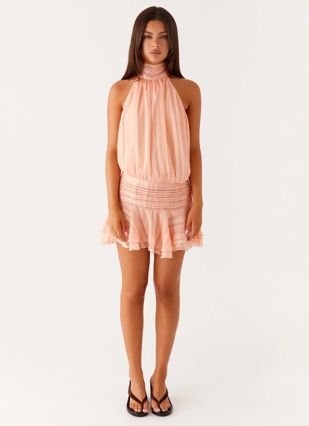 Willow | Open Back Ruffle Hem High-Neck Chiffon Mini Dress