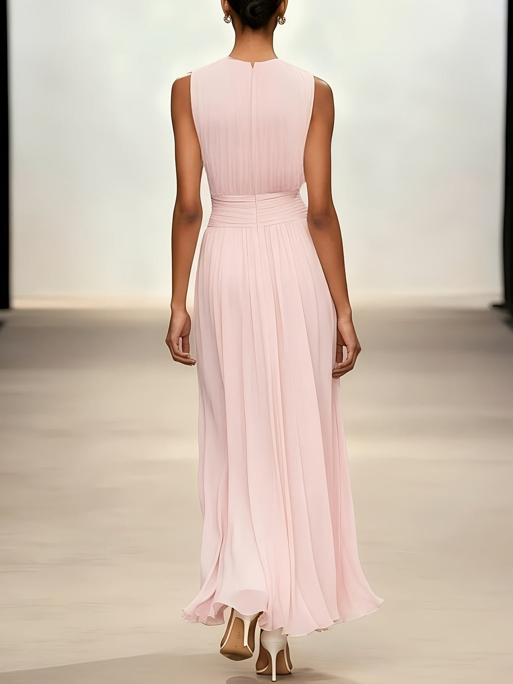 Women's Maxi Dress Pleated Ruched Waist Long Sleeve Wedding Guest