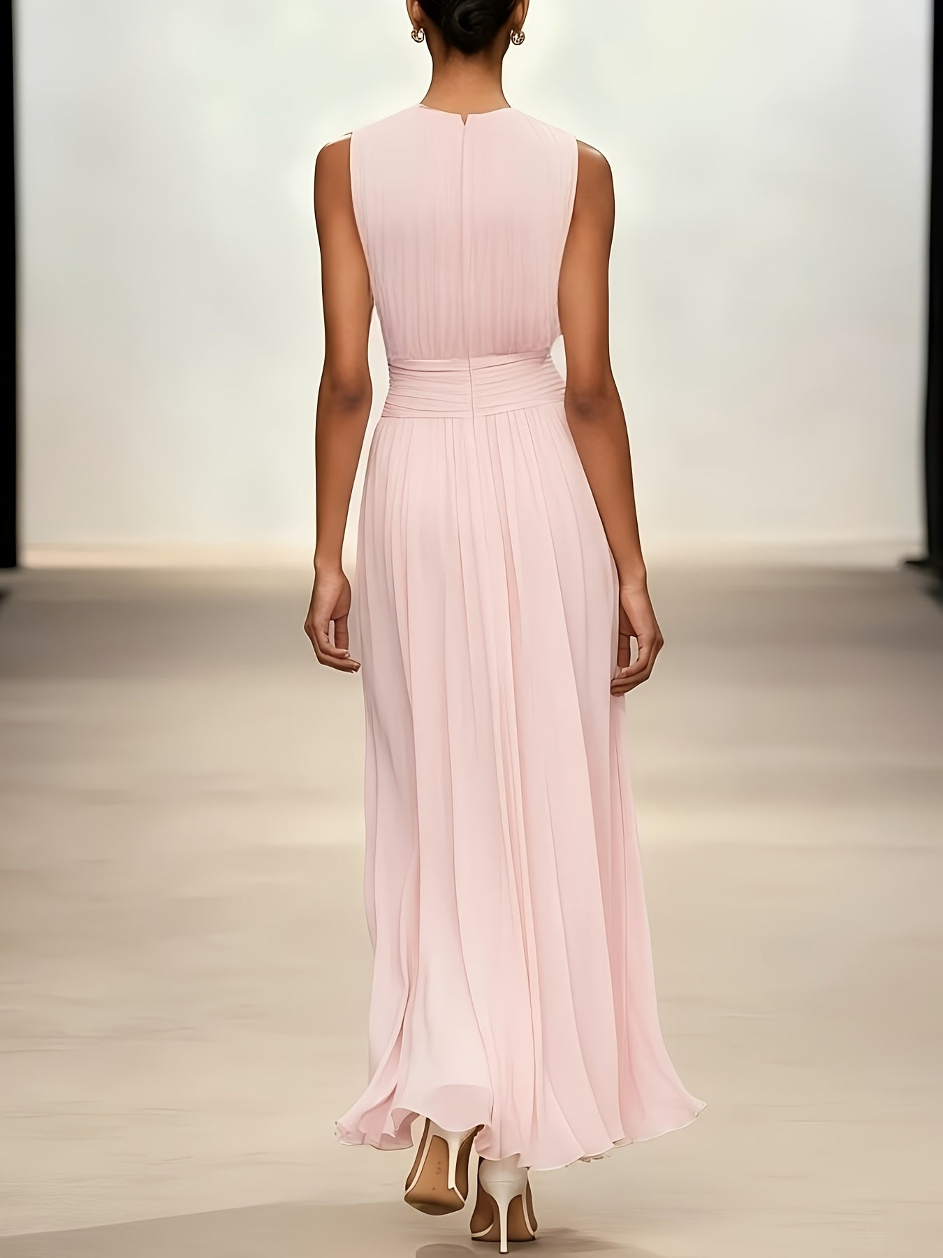 Women's Maxi Dress Pleated Ruched Waist Long Sleeve Wedding Guest