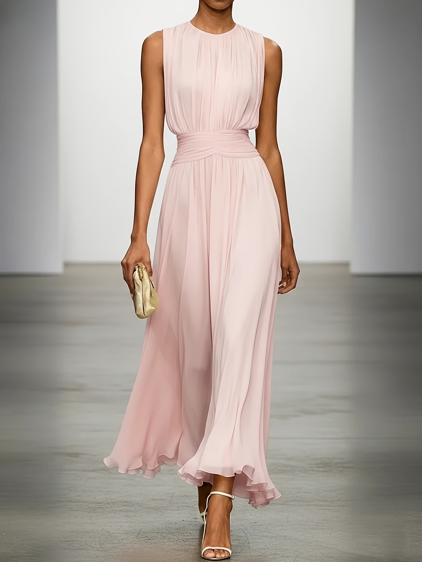Women's Maxi Dress Pleated Ruched Waist Long Sleeve Wedding Guest