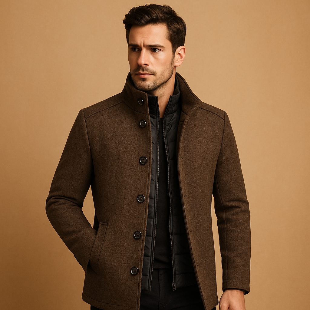 Wool Blend Coat with Mandarin Collar