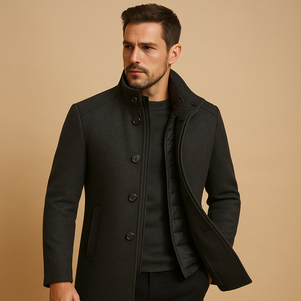 Wool Blend Coat with Mandarin Collar