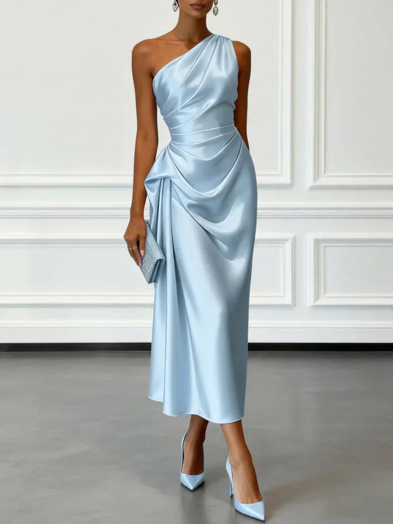 Women's Midi Dress One-Shoulder Ruched Satin Wedding Guest Outfit