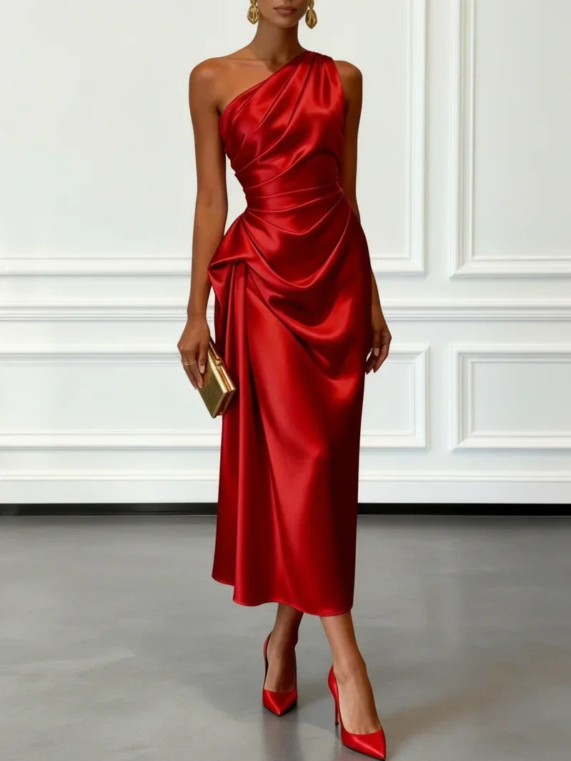 Women's Midi Dress One-Shoulder Ruched Satin Wedding Guest Outfit