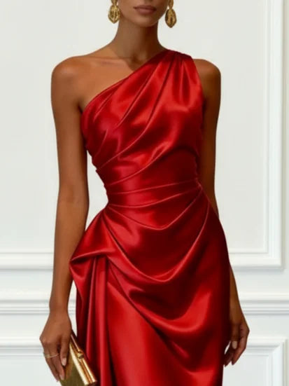 Women's Midi Dress One-Shoulder Ruched Satin Wedding Guest Outfit
