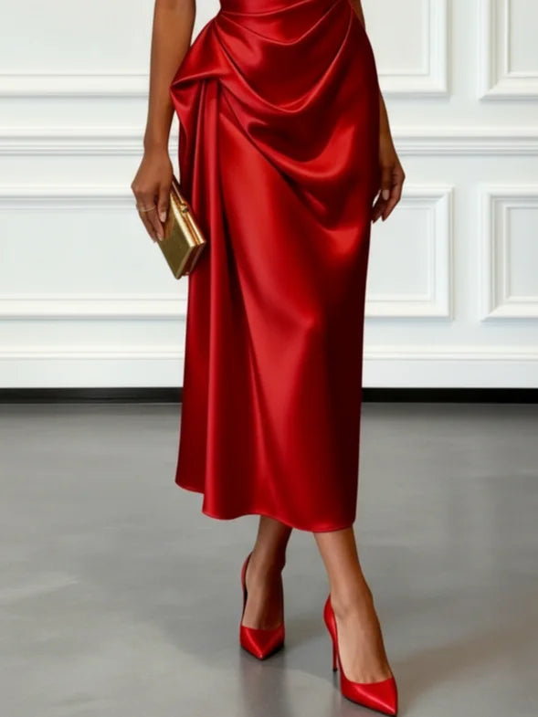 Women's Midi Dress One-Shoulder Ruched Satin Wedding Guest Outfit
