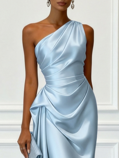 Women's Midi Dress One-Shoulder Ruched Satin Wedding Guest Outfit