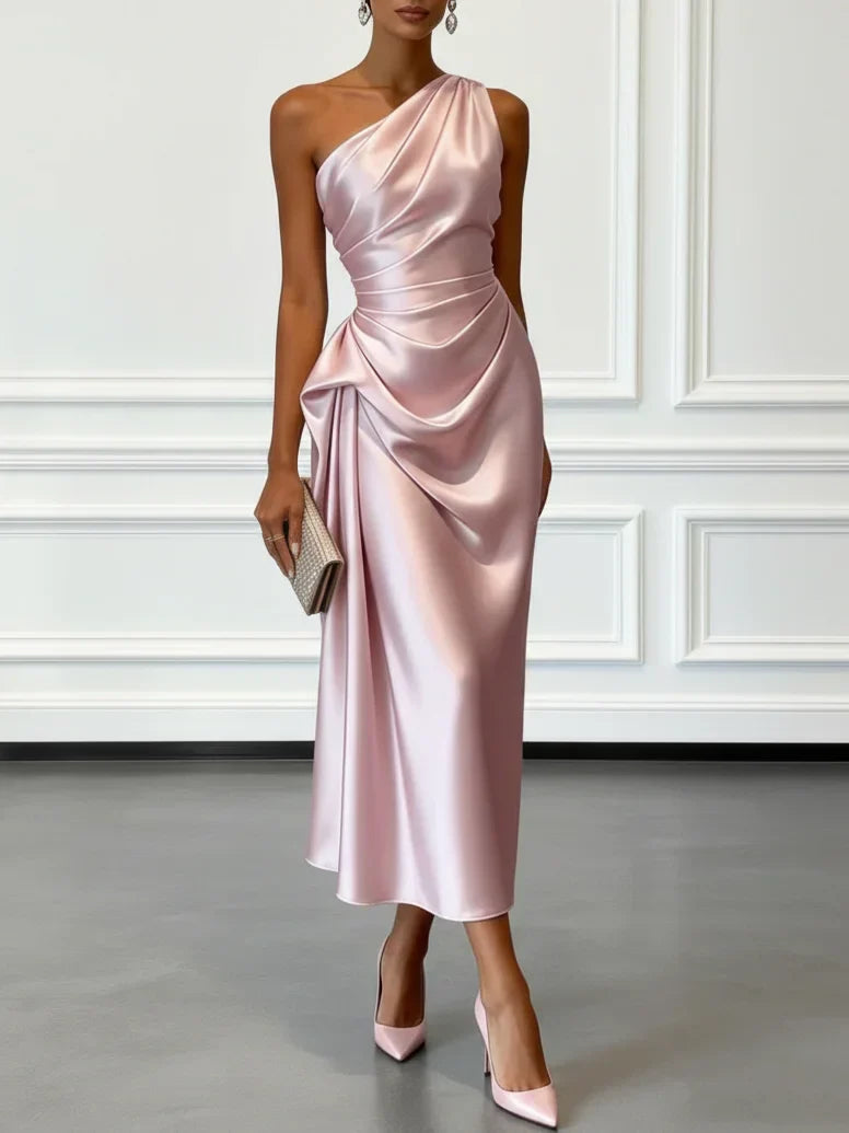 Women's Midi Dress One-Shoulder Ruched Satin Wedding Guest Outfit