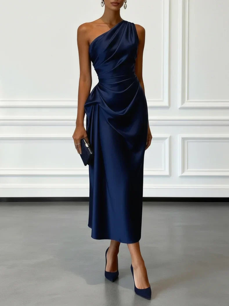 Women's Midi Dress One-Shoulder Ruched Satin Wedding Guest Outfit