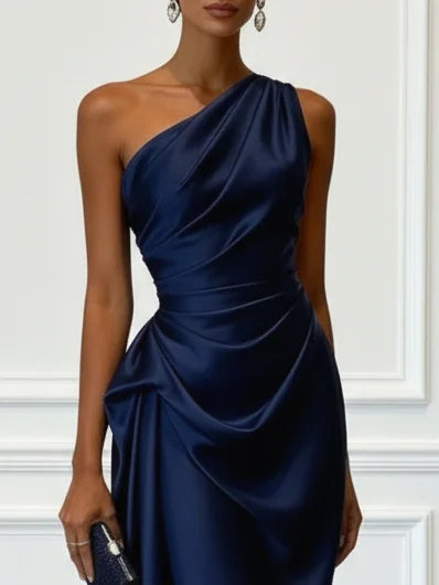 Women's Midi Dress One-Shoulder Ruched Satin Wedding Guest Outfit