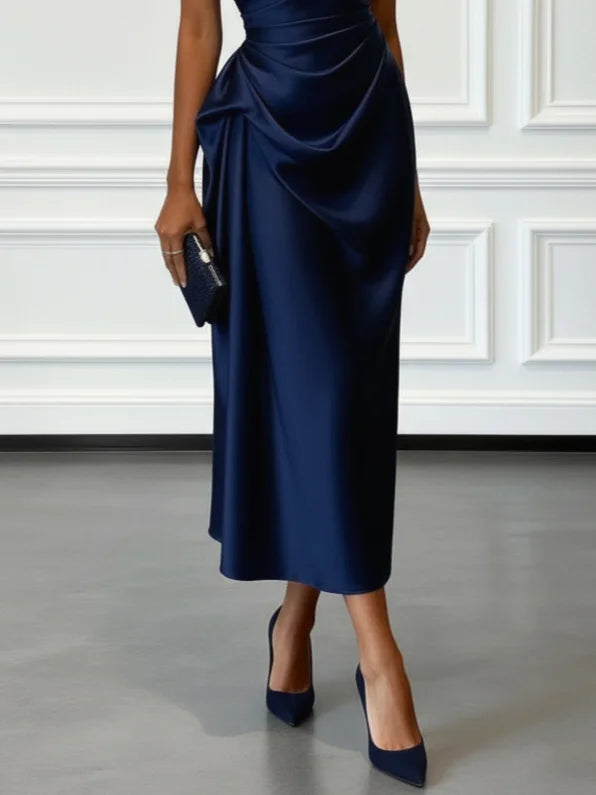 Women's Midi Dress One-Shoulder Ruched Satin Wedding Guest Outfit