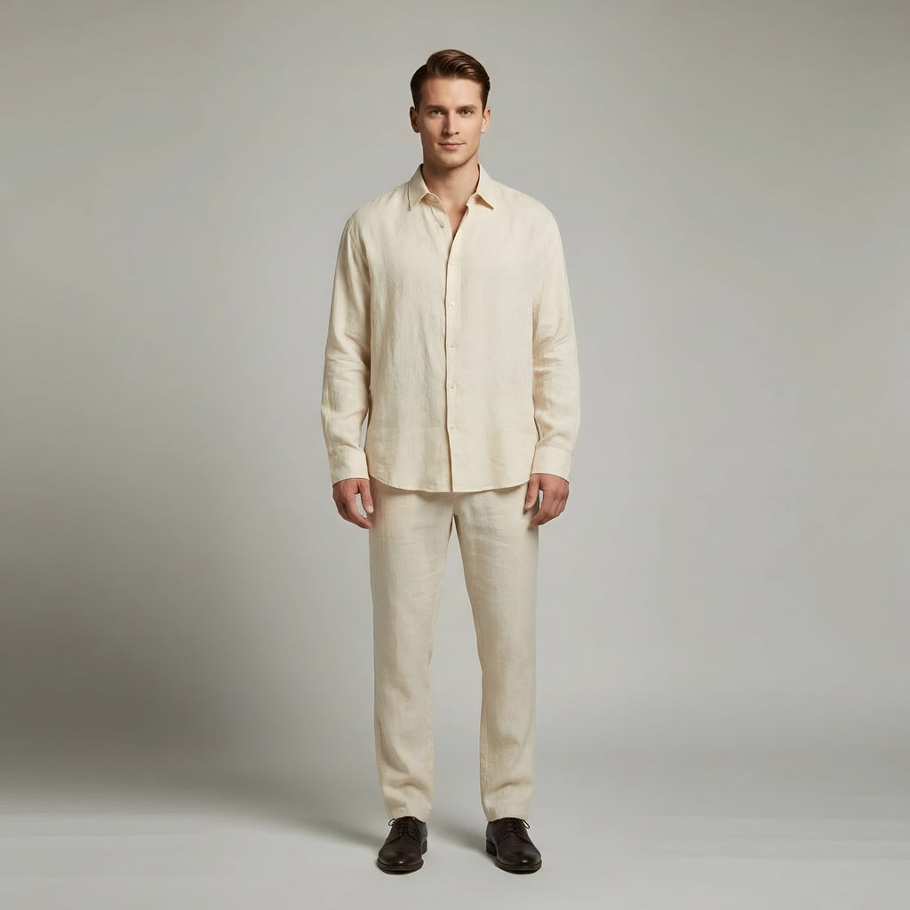 Men’s Linen Shirt and Trousers Set – Elegant Casual Long-Sleeve Summer Outfit