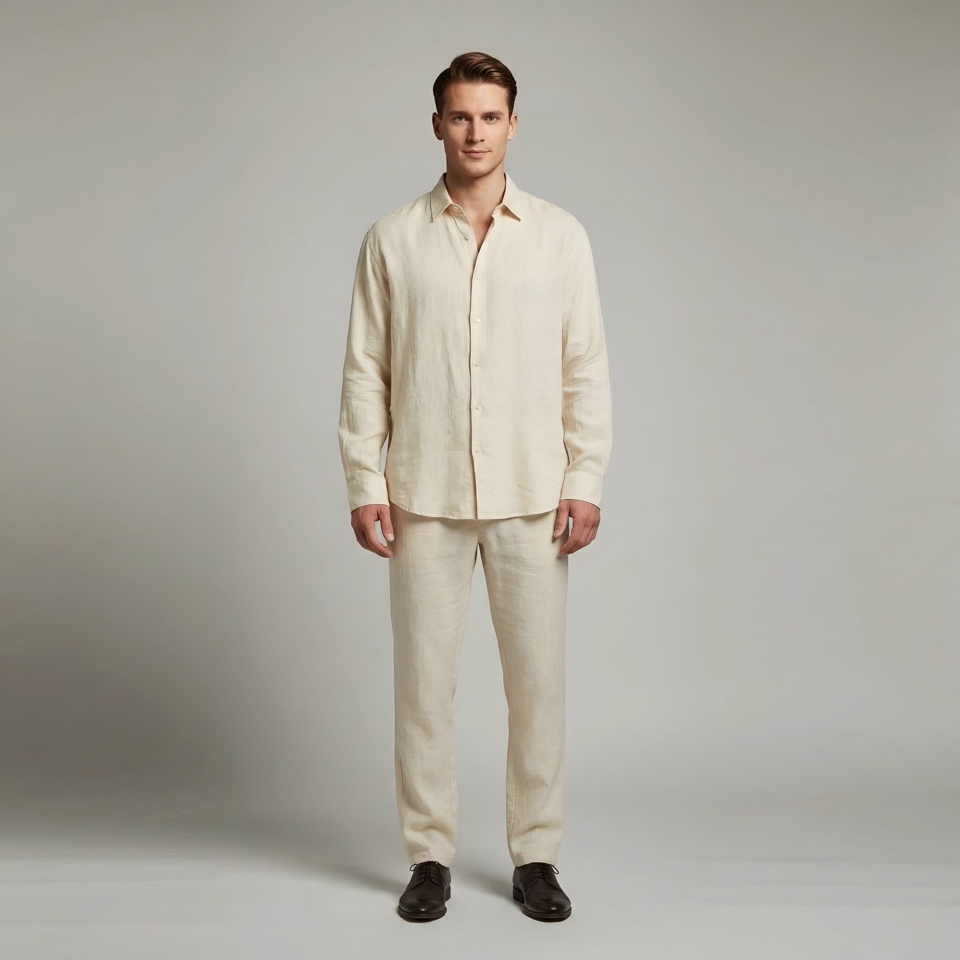 Men’s Linen Shirt and Trousers Set – Elegant Casual Long-Sleeve Summer Outfit