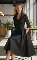 Elegant midi dress with wrap detail and flared skirt