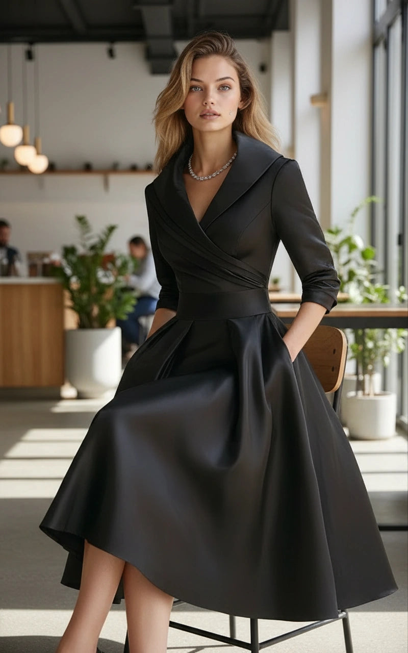 Elegant midi dress with wrap detail and flared skirt