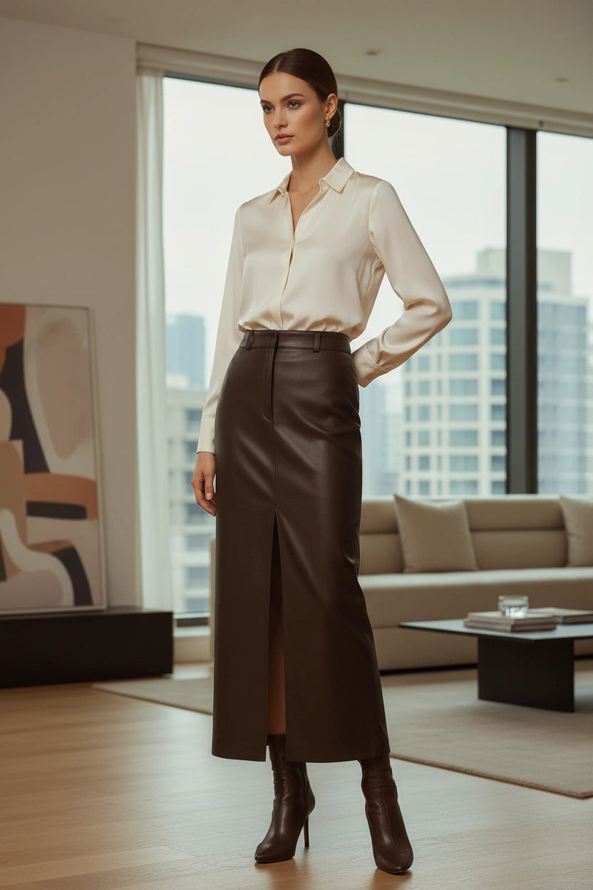 Women’s Long Pencil Skirt | High Waist | Premium Faux Leather | Front Slit