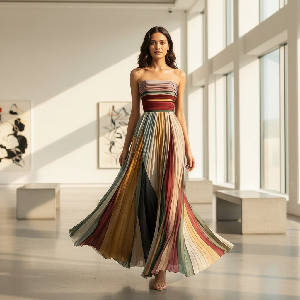 Women’s Maxi Dress | Strapless | Pleated with Multicolor Stripes