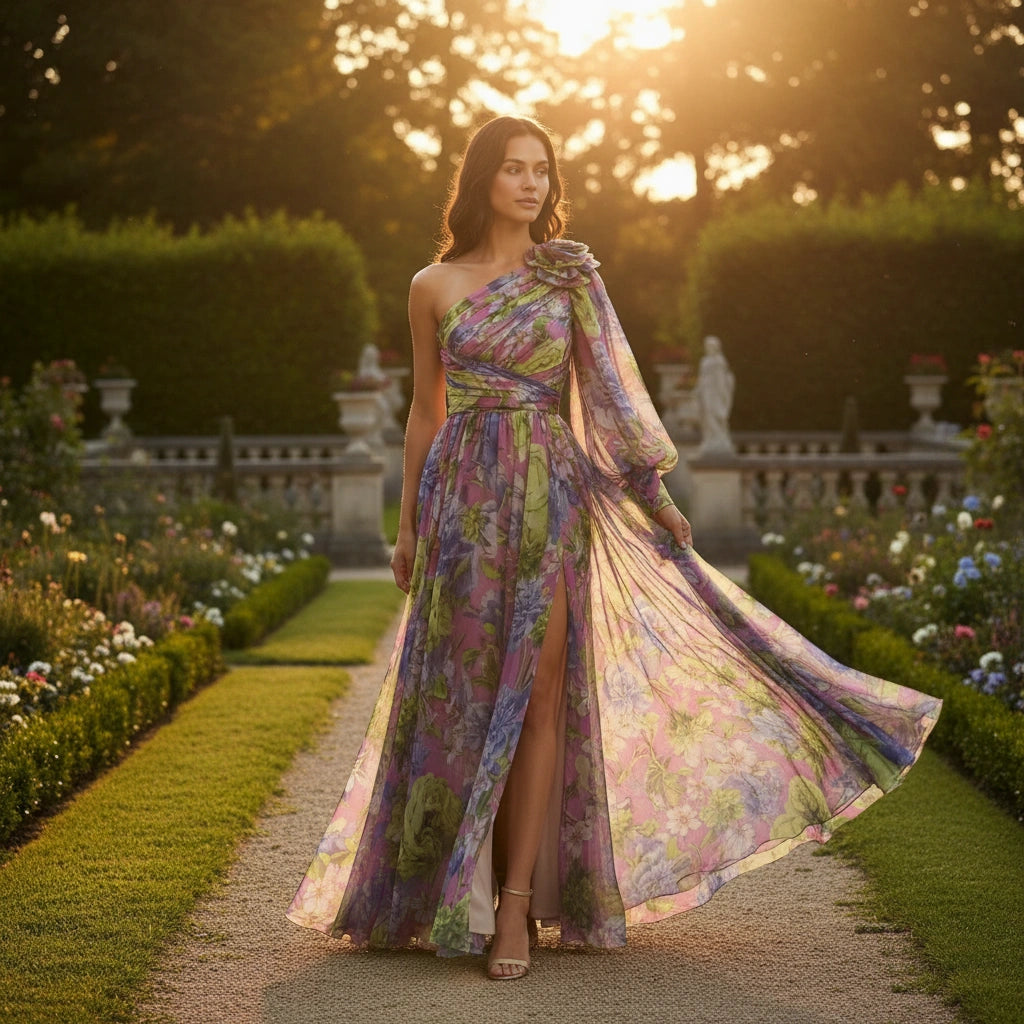 Women’s Maxi Dress | Asymmetrical One-Shoulder | Floral Print with Flowing Skirt and Side Slit