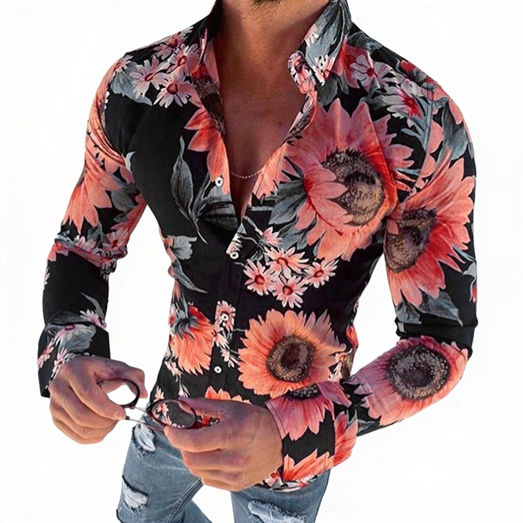 Men's Hawaiian Shirt with Floral Print and Long Sleeves