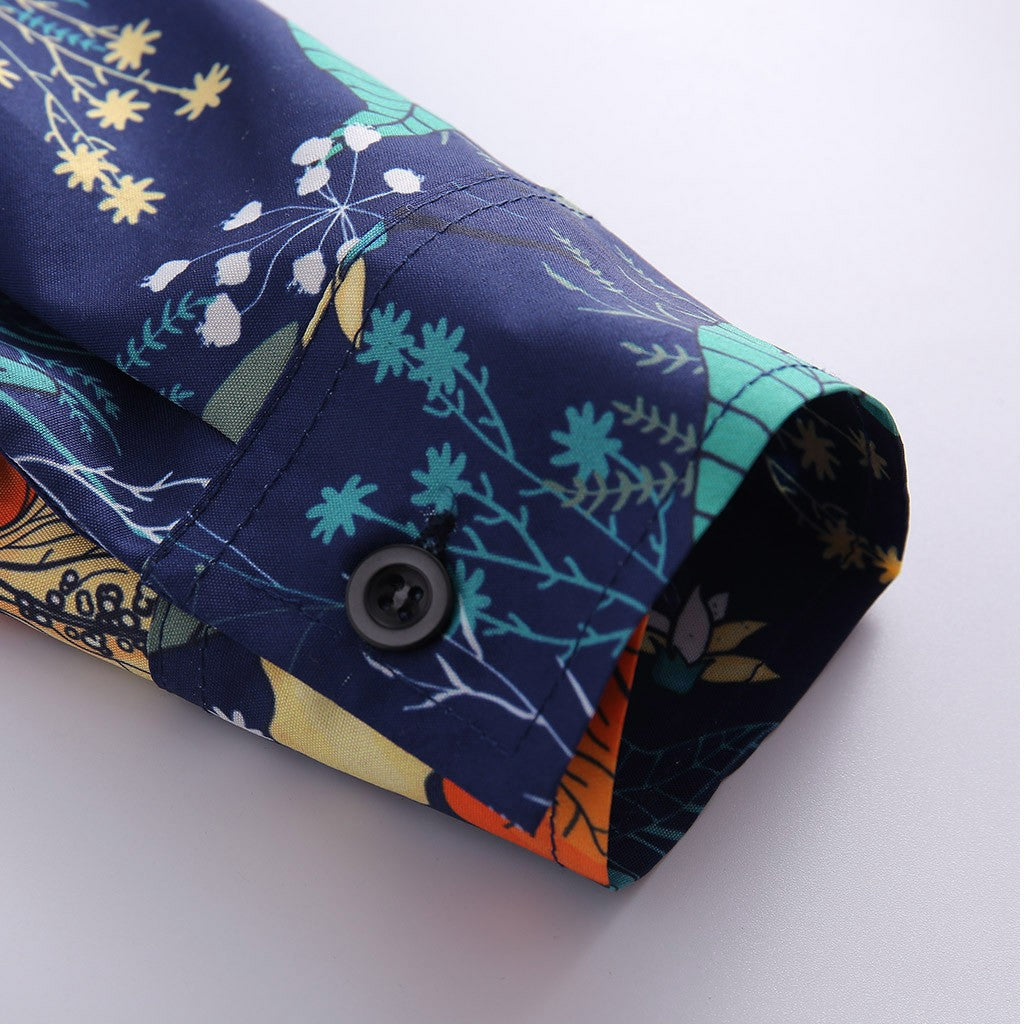 Men's Hawaiian Shirt with Floral Print and Long Sleeves