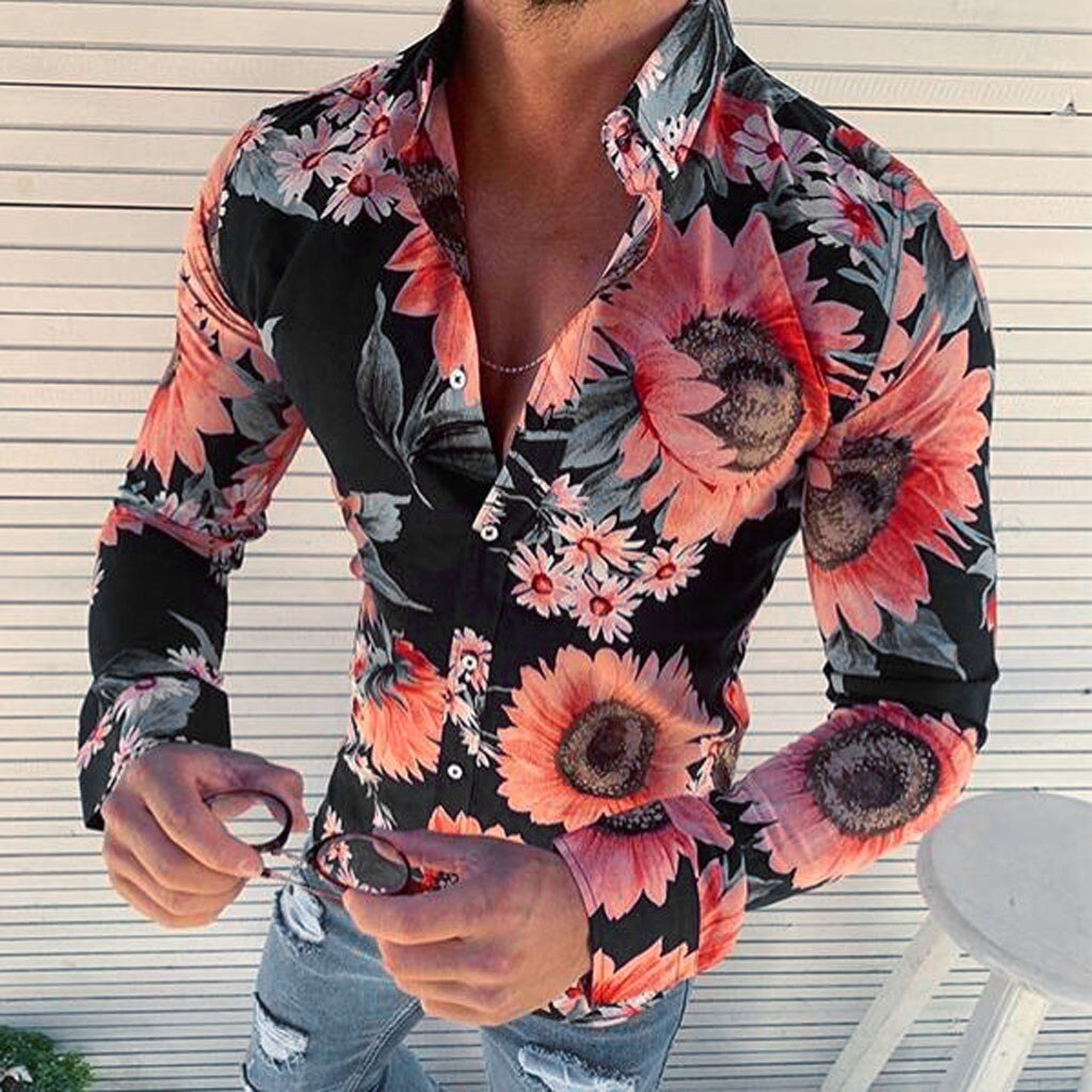 Men's Hawaiian Shirt with Floral Print and Long Sleeves