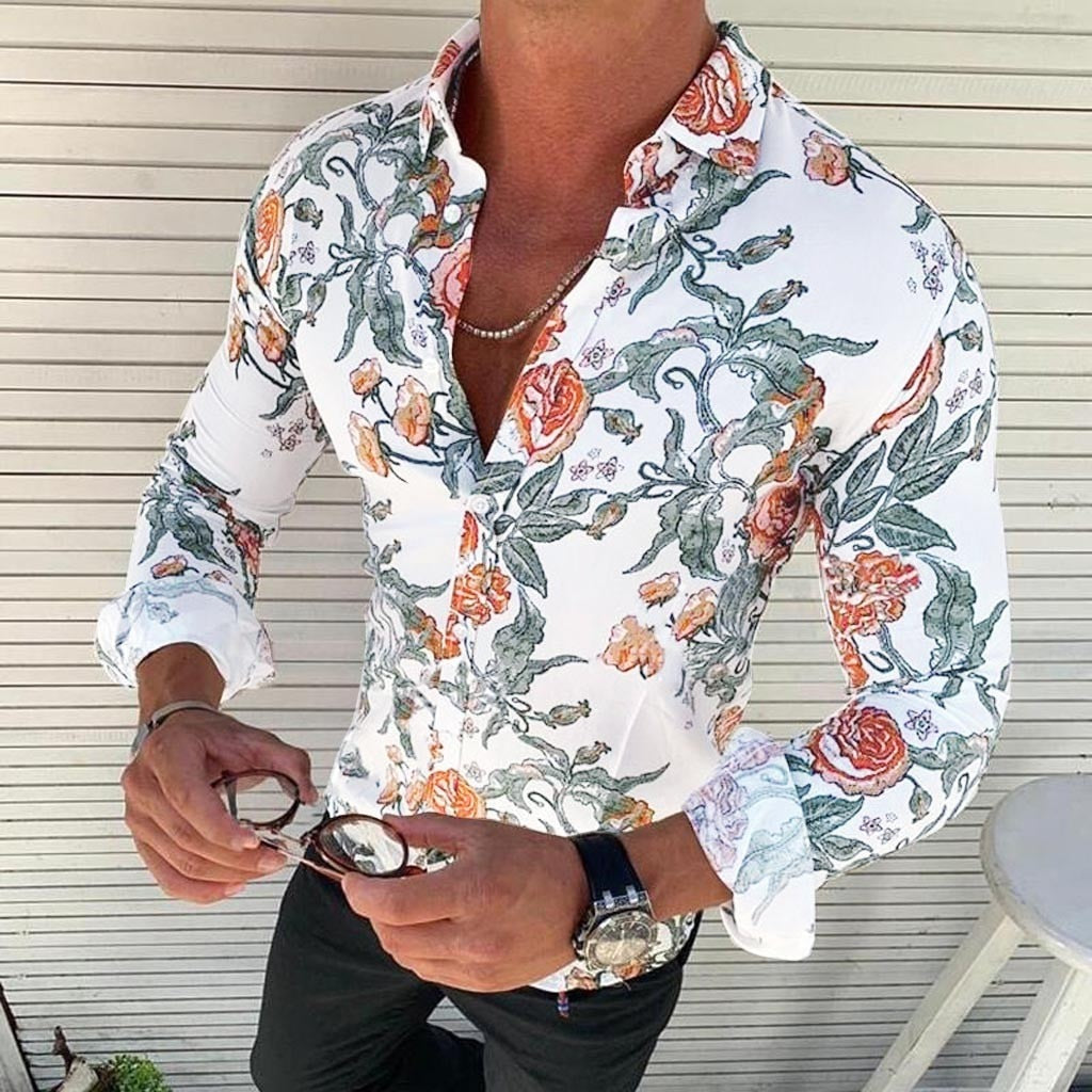 Men's Hawaiian Shirt with Floral Print and Long Sleeves