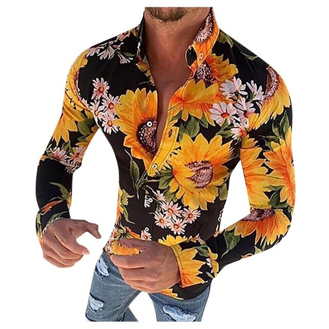 Men's Hawaiian Shirt with Floral Print and Long Sleeves