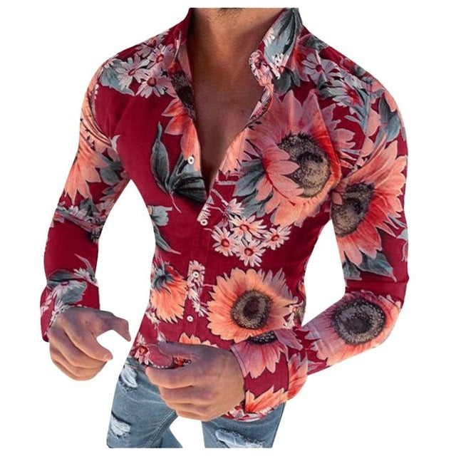 Men's Hawaiian Shirt with Floral Print and Long Sleeves