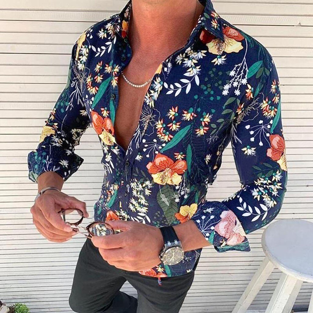 Men's Hawaiian Shirt with Floral Print and Long Sleeves