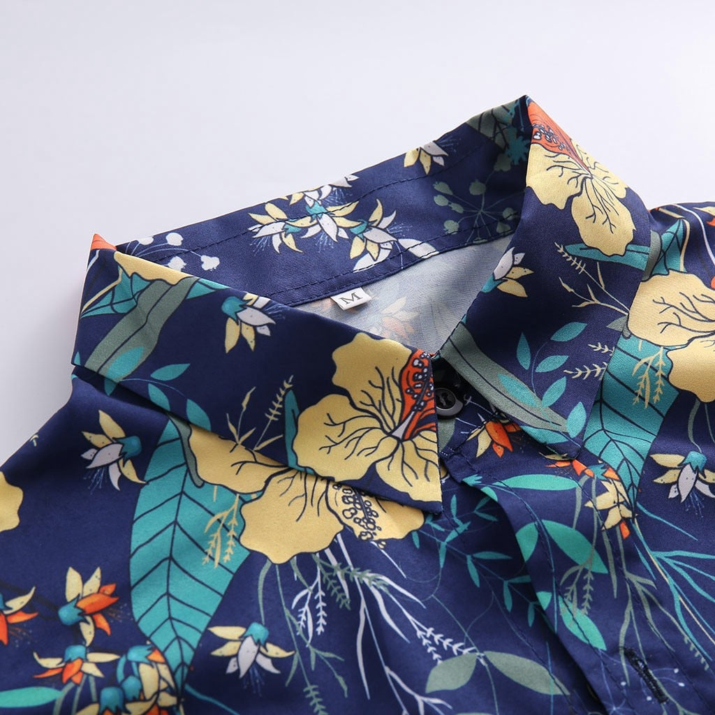 Men's Hawaiian Shirt with Floral Print and Long Sleeves