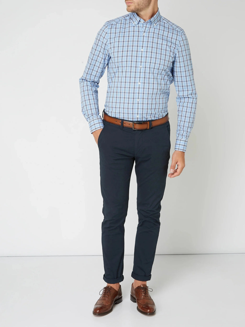 Men's Long-Sleeve Shirt with Check Pattern and Button-Down Collar