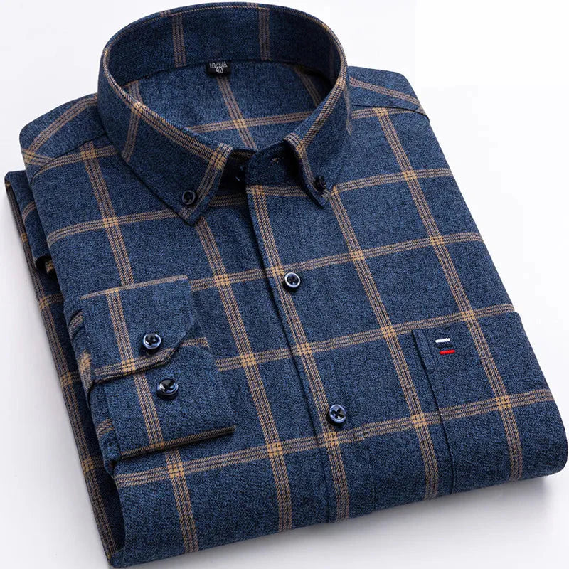 Men's Long-Sleeve Shirt with Check Pattern and Button-Down Collar