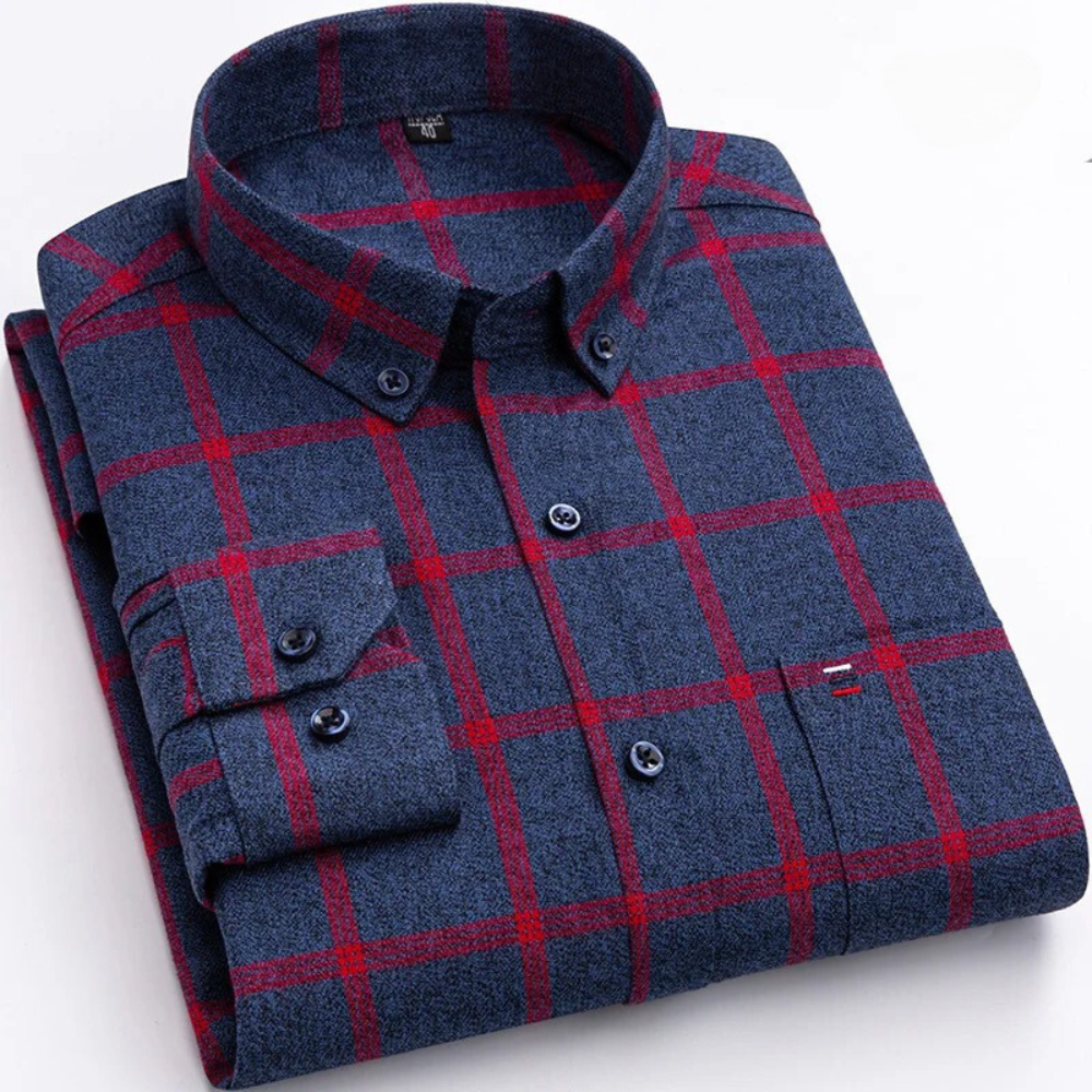 Men's Long-Sleeve Shirt with Check Pattern and Button-Down Collar