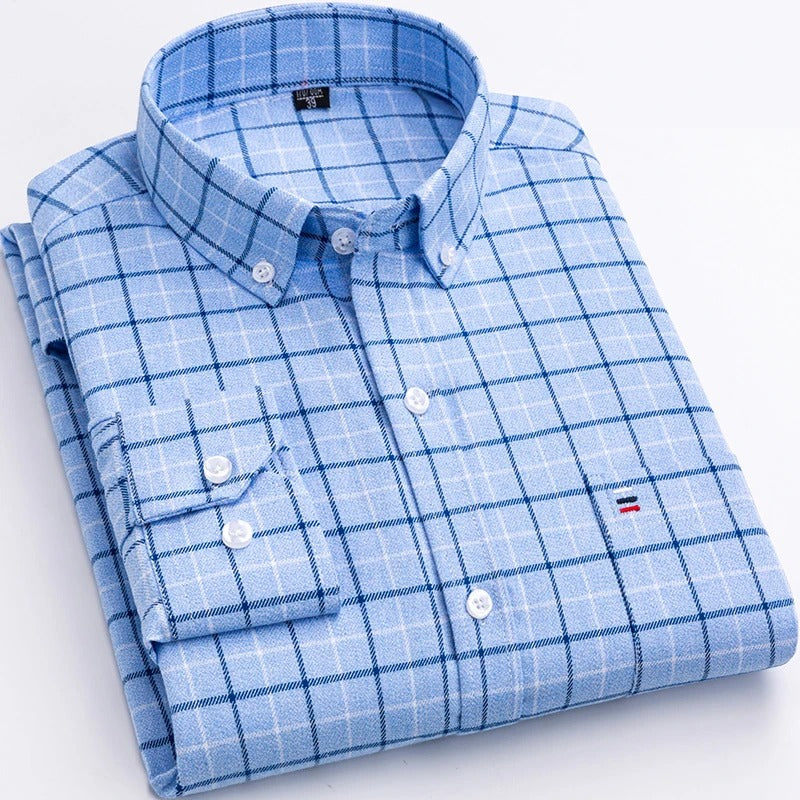 Men's Long-Sleeve Shirt with Check Pattern and Button-Down Collar