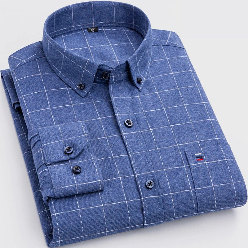 Men's Long-Sleeve Shirt with Check Pattern and Button-Down Collar