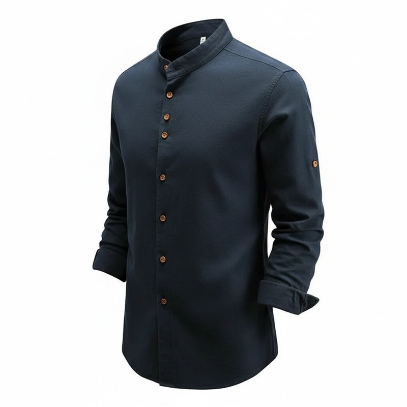 Men's Long-Sleeve Shirt with Stand Collar and Button Closure