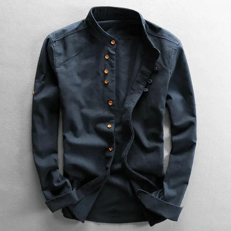 Men's Long-Sleeve Shirt with Stand Collar and Button Closure