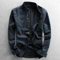 Men's Long-Sleeve Shirt with Stand Collar and Button Closure