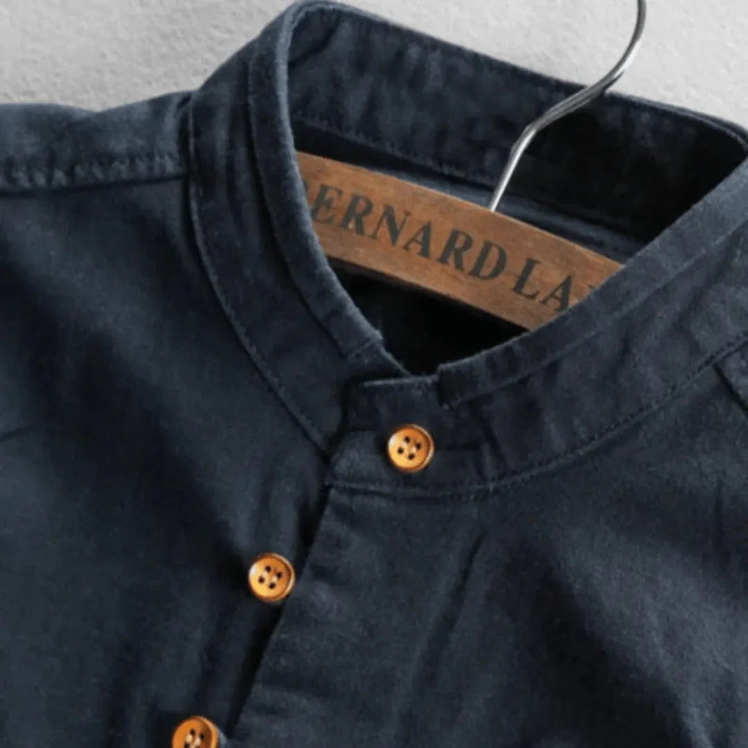 Men's Long-Sleeve Shirt with Stand Collar and Button Closure