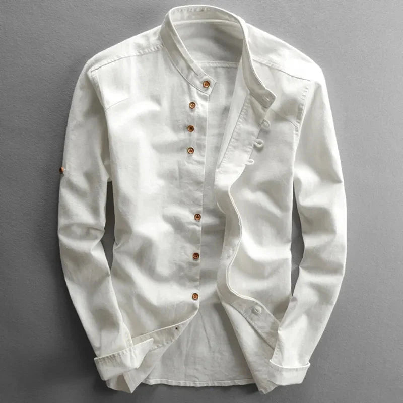 Men's Long-Sleeve Shirt with Stand Collar and Button Closure