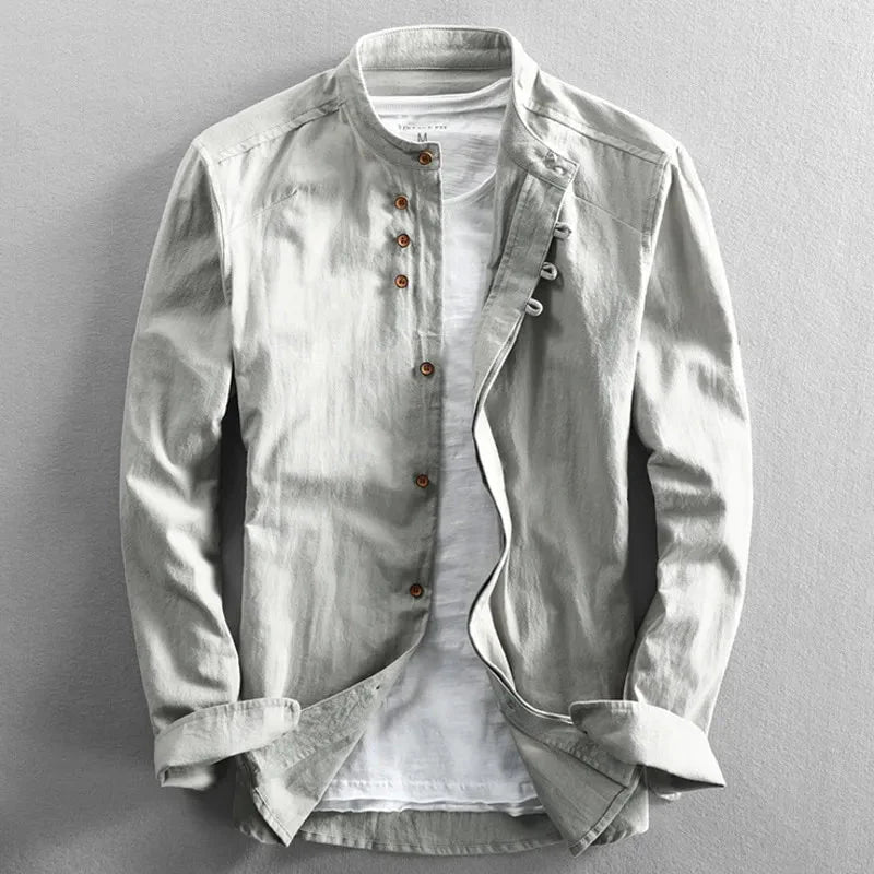Men's Long-Sleeve Shirt with Stand Collar and Button Closure