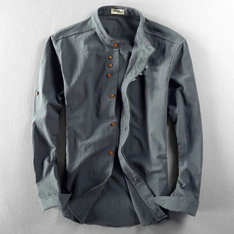 Men's Long-Sleeve Shirt with Stand Collar and Button Closure