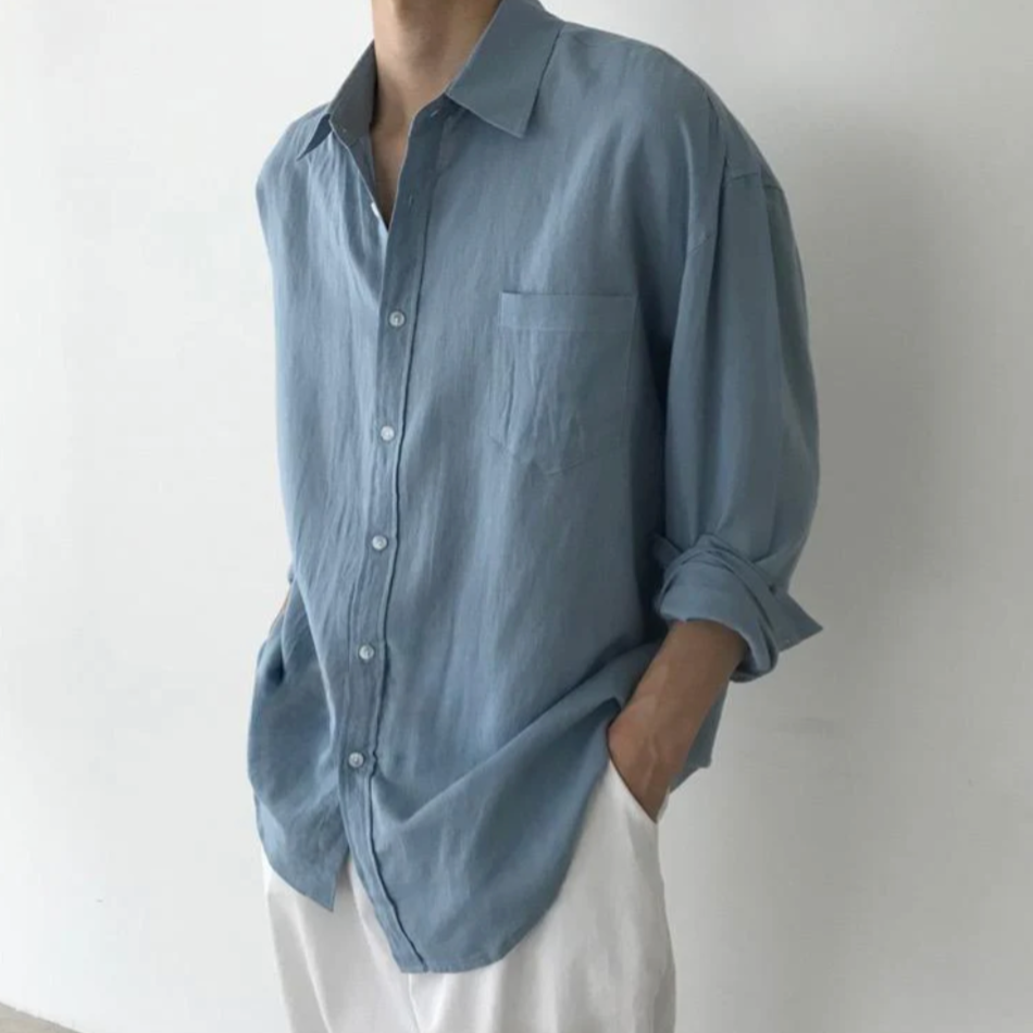 Men's Oversized Shirt with Long Sleeves and Chest Pocket