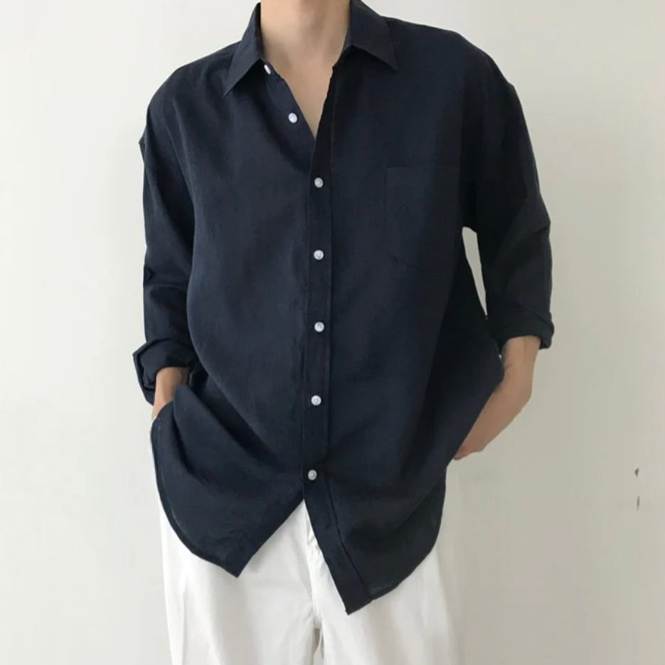 Men's Oversized Shirt with Long Sleeves and Chest Pocket