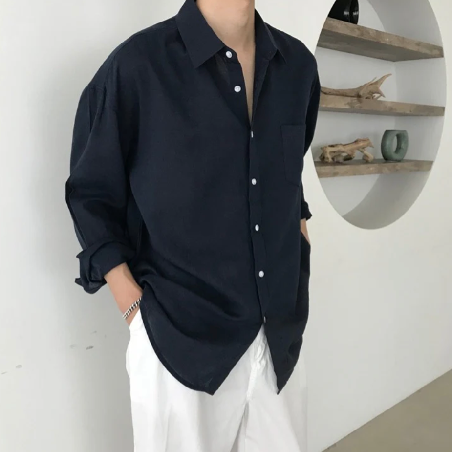 Men's Oversized Shirt with Long Sleeves and Chest Pocket