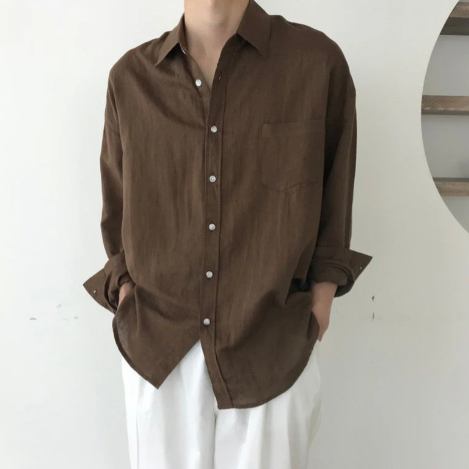 Men's Oversized Shirt with Long Sleeves and Chest Pocket