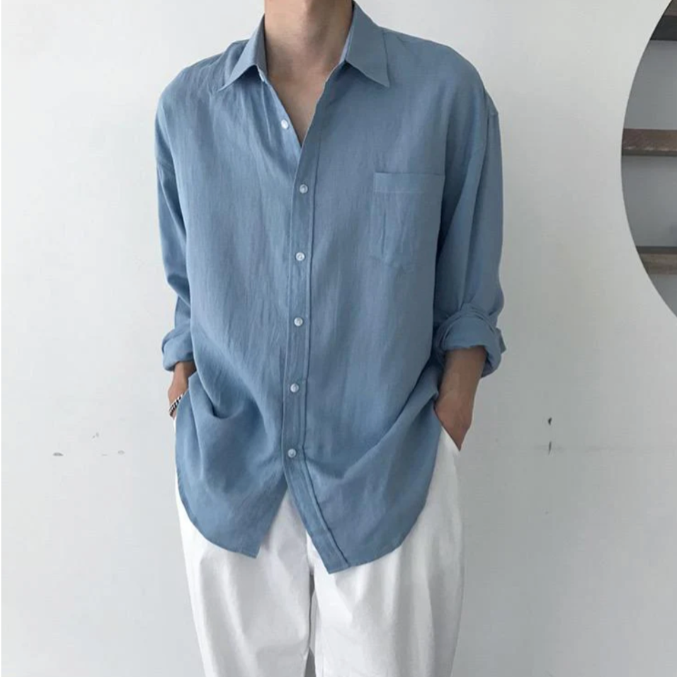 Men's Oversized Shirt with Long Sleeves and Chest Pocket