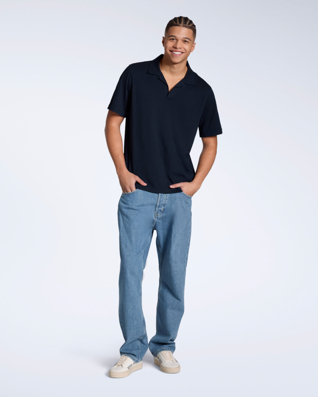 Men's Short-Sleeve Polo with Open Collar and Relaxed Fit