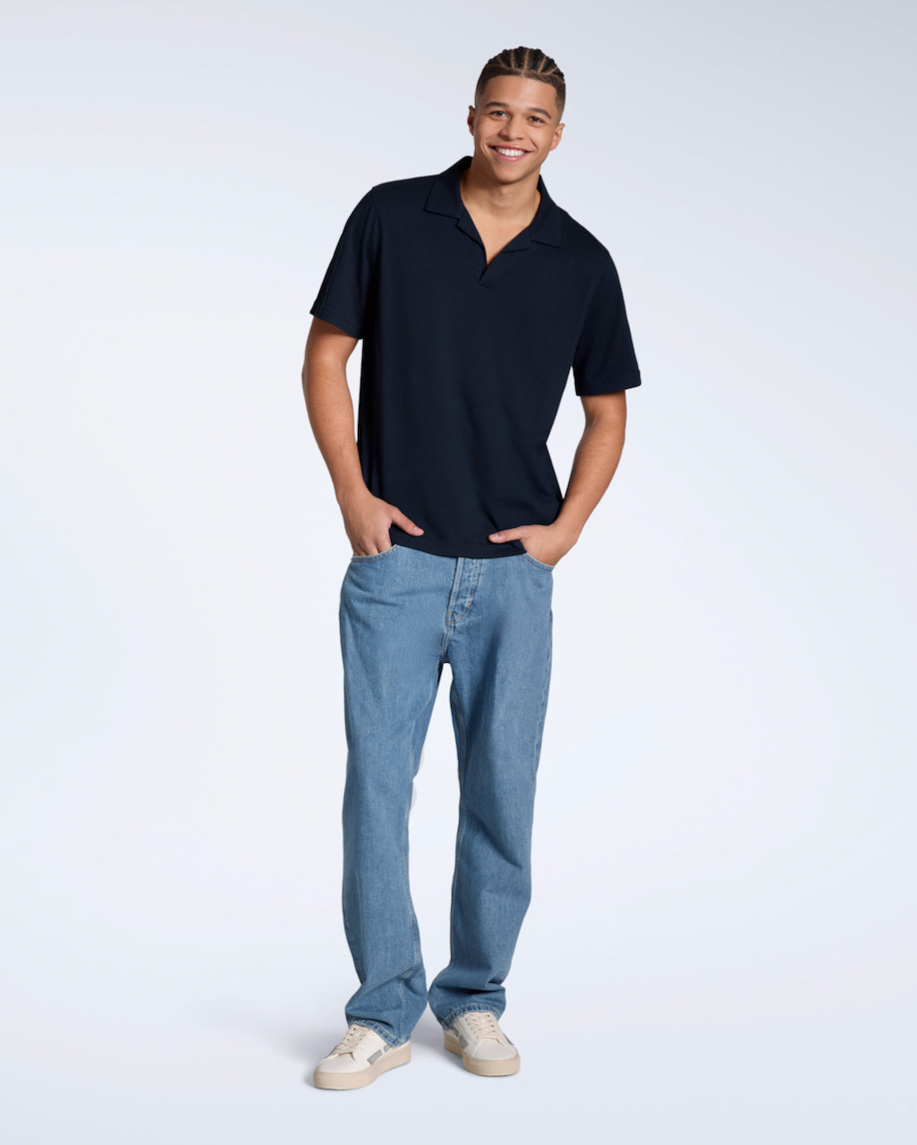 Men's Short-Sleeve Polo with Open Collar and Relaxed Fit