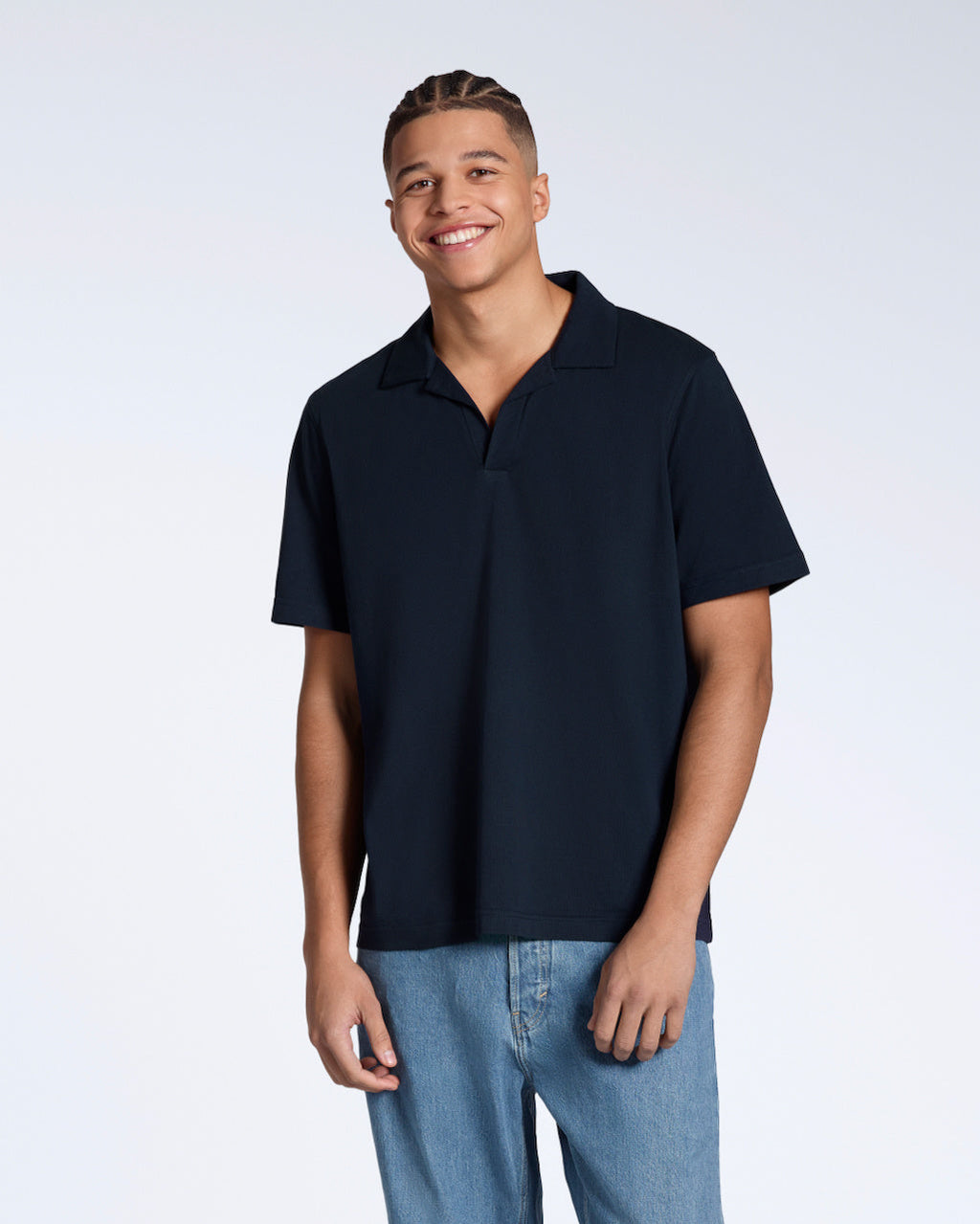 Men's Short-Sleeve Polo with Open Collar and Relaxed Fit
